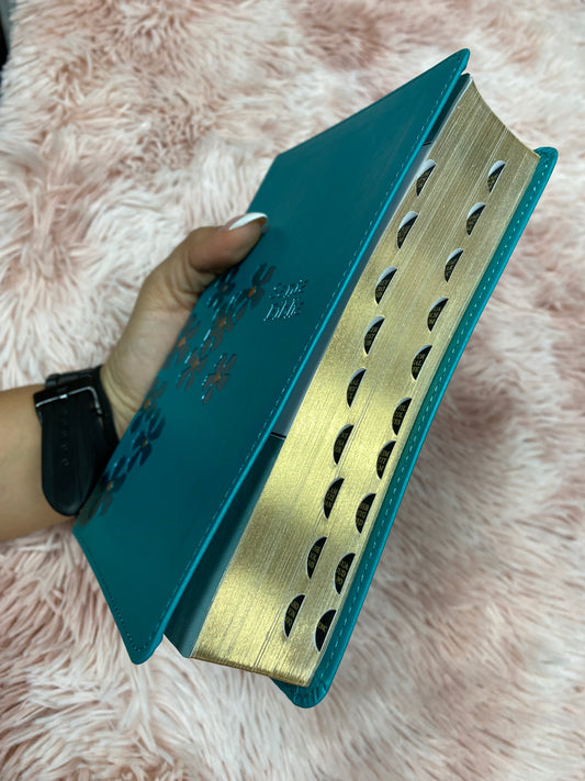 Biblia compacta mediana letra gigante versión NTV con canto dorado e índice en símil piel