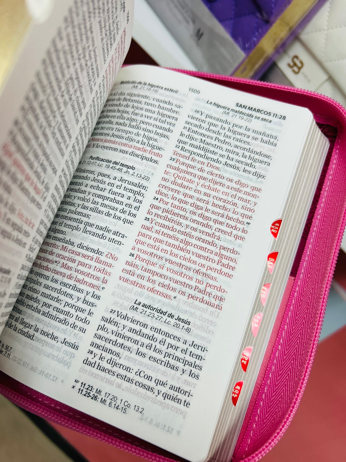 Biblia letra grande de 11 puntos con cierre e índice en símil piel canto dorado palabras de Jesús en rojo y concordancia versión RV1960