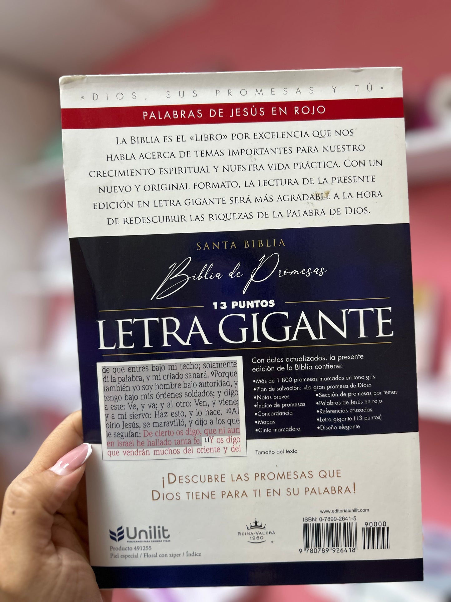 Biblia de promesas para la mujer letra gigante 13 puntos con cierre e índice palabras de Jesús en rojo
