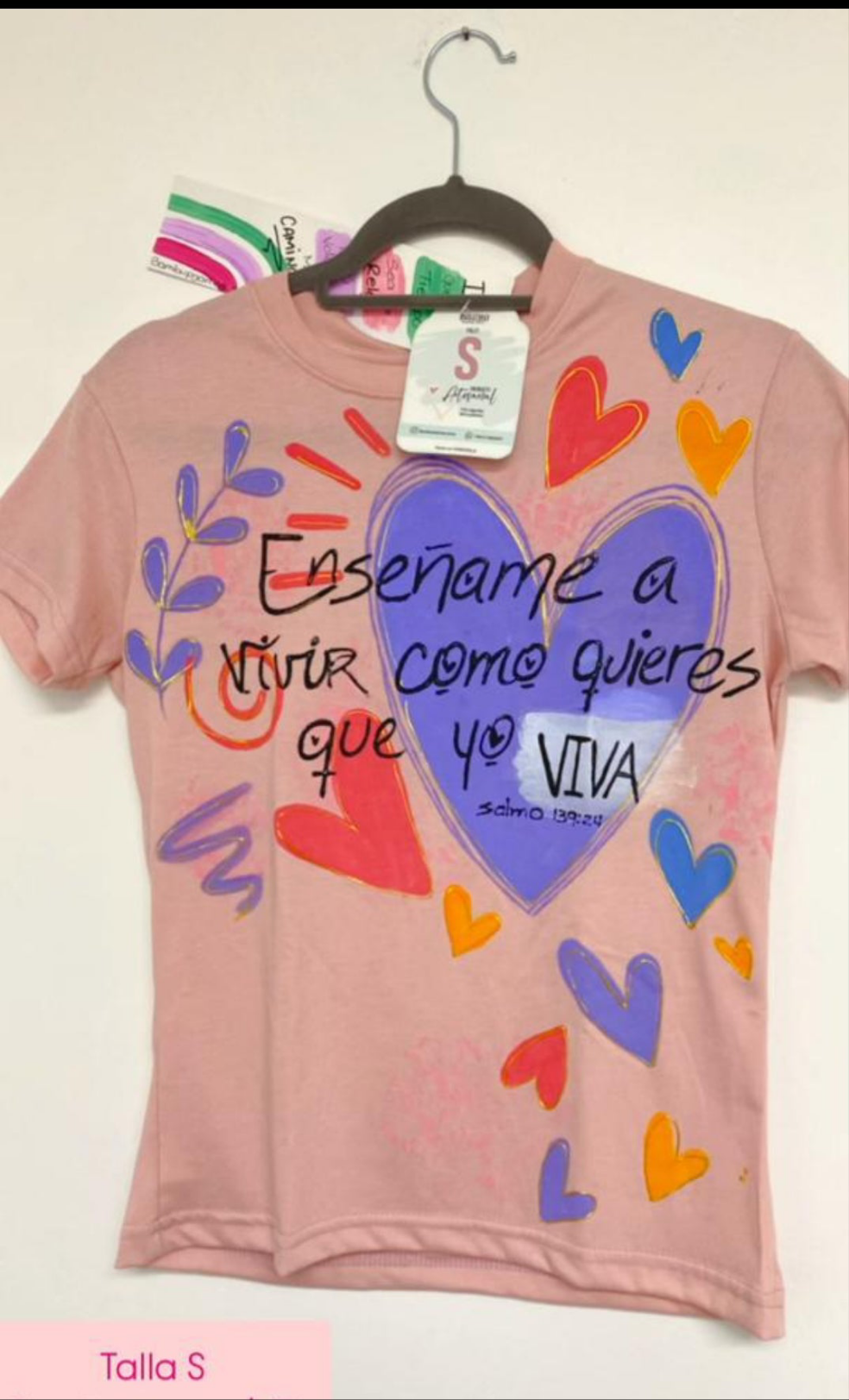Franela con versículo bíblico 100% algodón pintada a mano con orocolor talla S