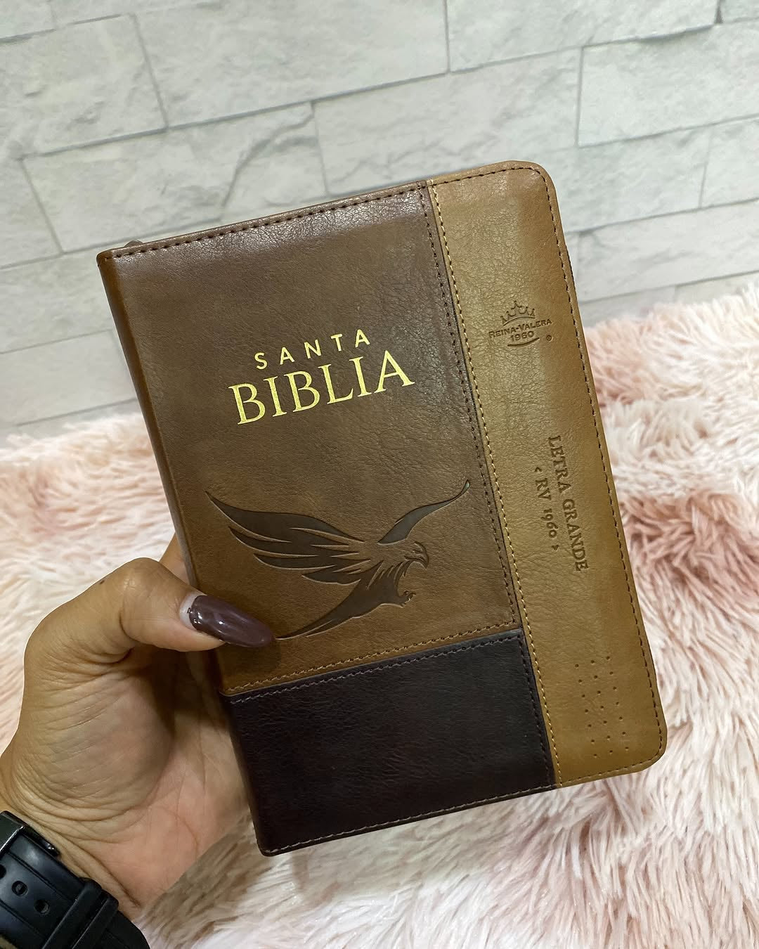 Biblia mediana letra grande 12 puntos versión RV1960 color marrón con cierre e índice canto dorado