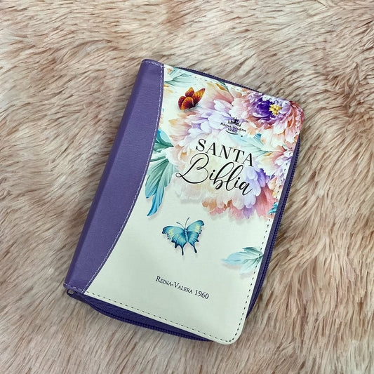 Biblia tamaño bolsillo letra mediana 8 puntos con cierre índice y canto floreado versión RV60 con concordancia