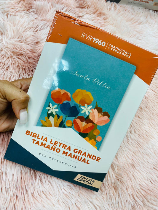 Biblia versión RV1960 letra grande 12 puntos en símil piel canto plateado tamaño manual con concordancia