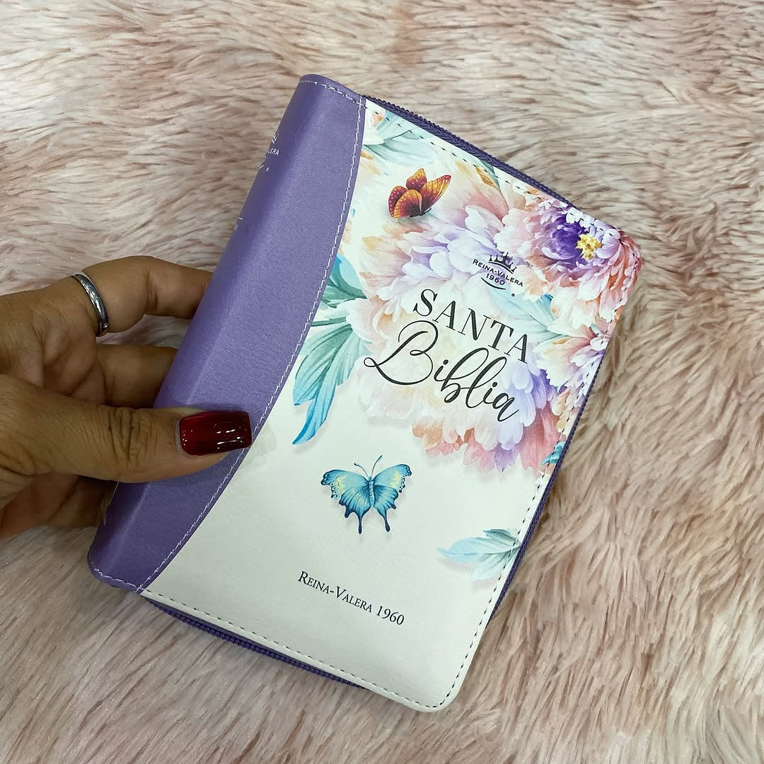 Biblia tamaño bolsillo letra mediana 8 puntos con cierre índice y canto floreado versión RV60 con concordancia