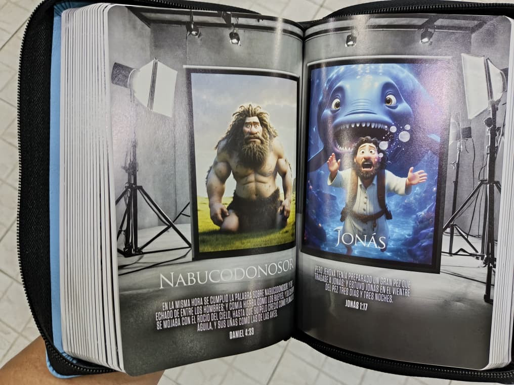 Biblia de héroes con caricaturas para niños azul con cierre letra grande en versión RV1960