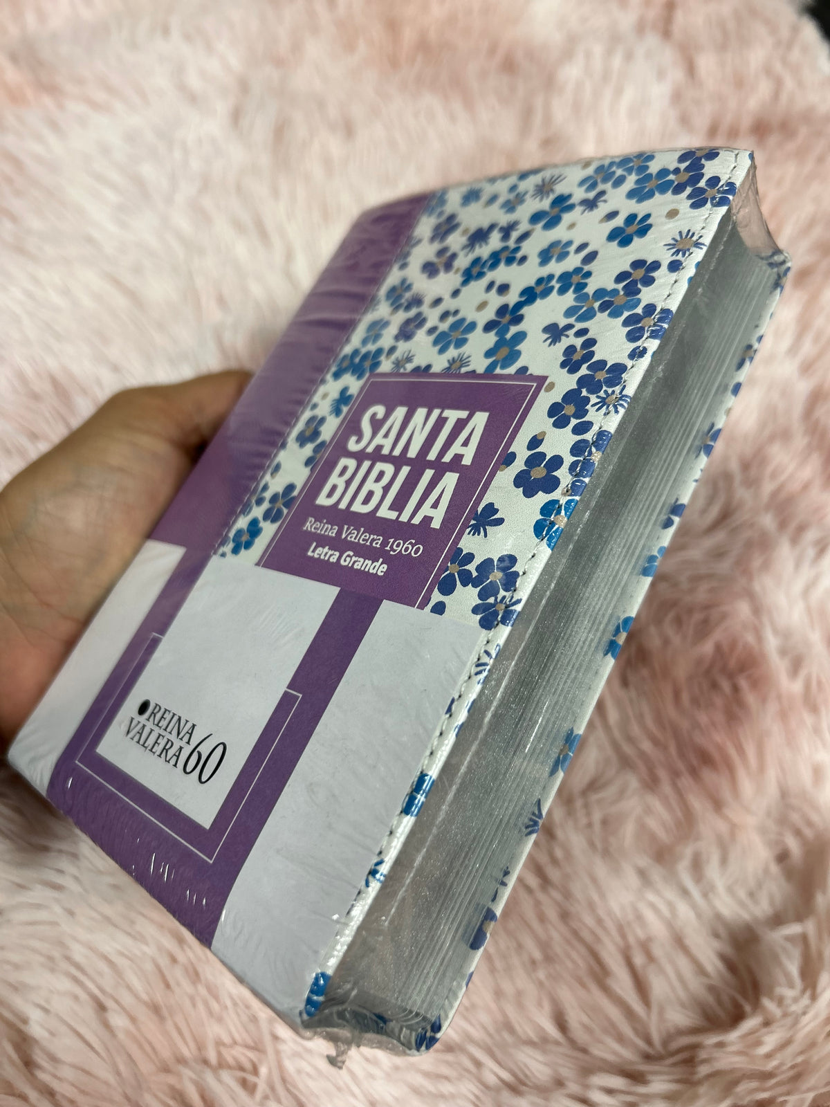 Biblia versión RV1960 letra grande 10 puntos tamaño compacta palabras de Jesús en rojo canto plateado y concordancia floreado morado