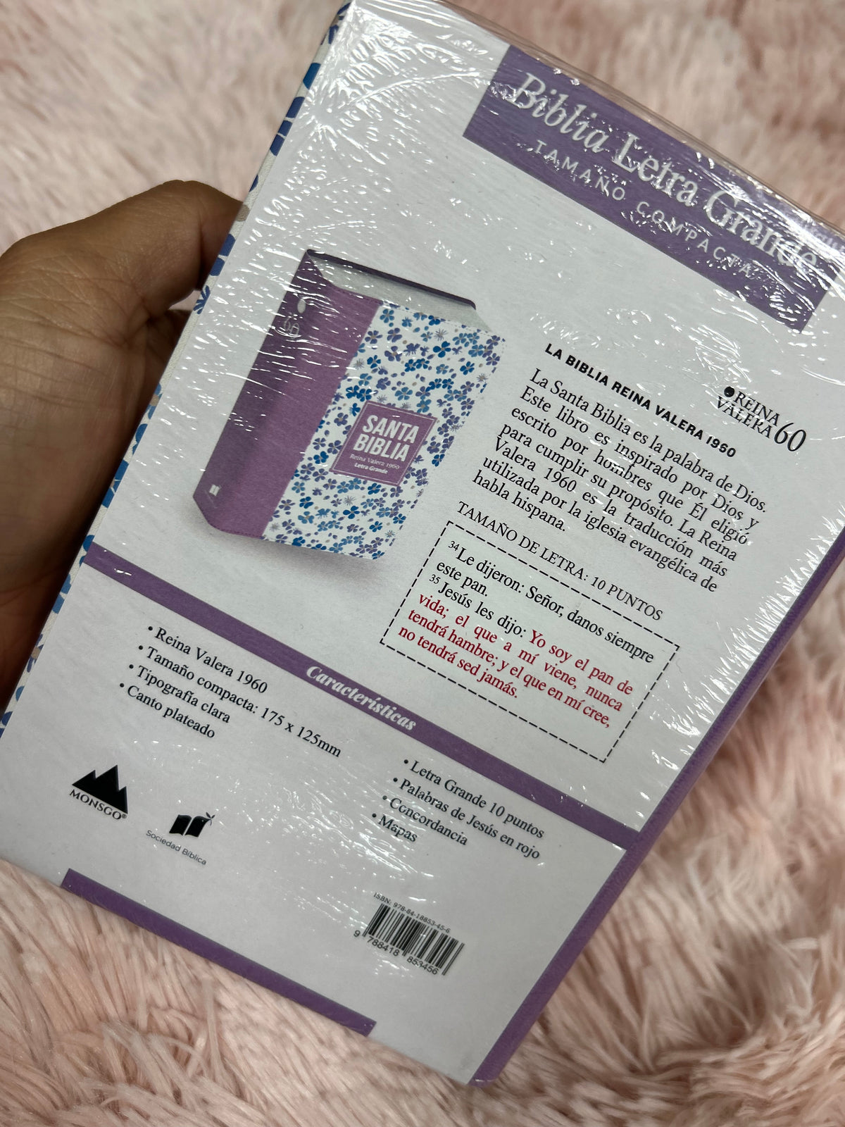 Biblia versión RV1960 letra grande 10 puntos tamaño compacta palabras de Jesús en rojo canto plateado y concordancia floreado morado