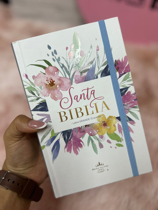 Biblia en tapa dura letra grande 12 puntos de canto floreado versión RV1960 con concordancia y palabras de Jesús en rojo