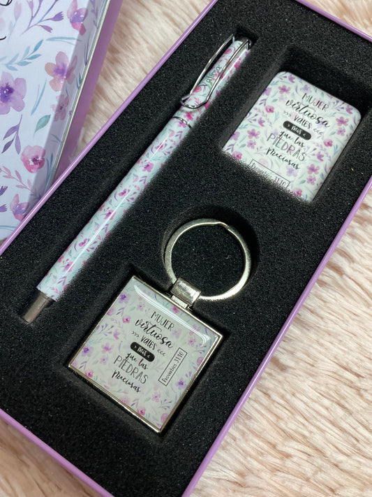 Caja de regalo bolígrafo llavero y promesa