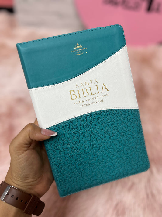 Biblia letra grande de símil piel con relieve blanco y turquesa con cierre y canto pintado versión RV1960