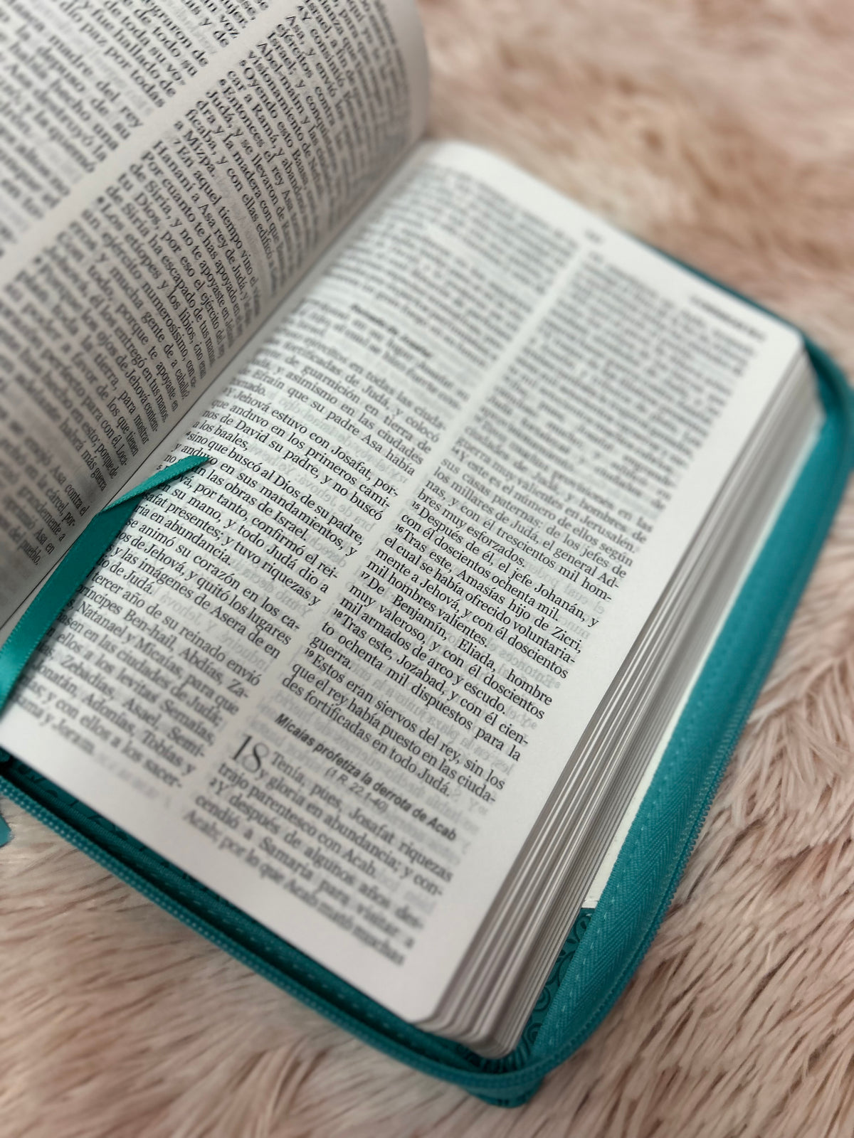 Biblia letra grande de símil piel con relieve blanco y turquesa con cierre y canto pintado versión RV1960