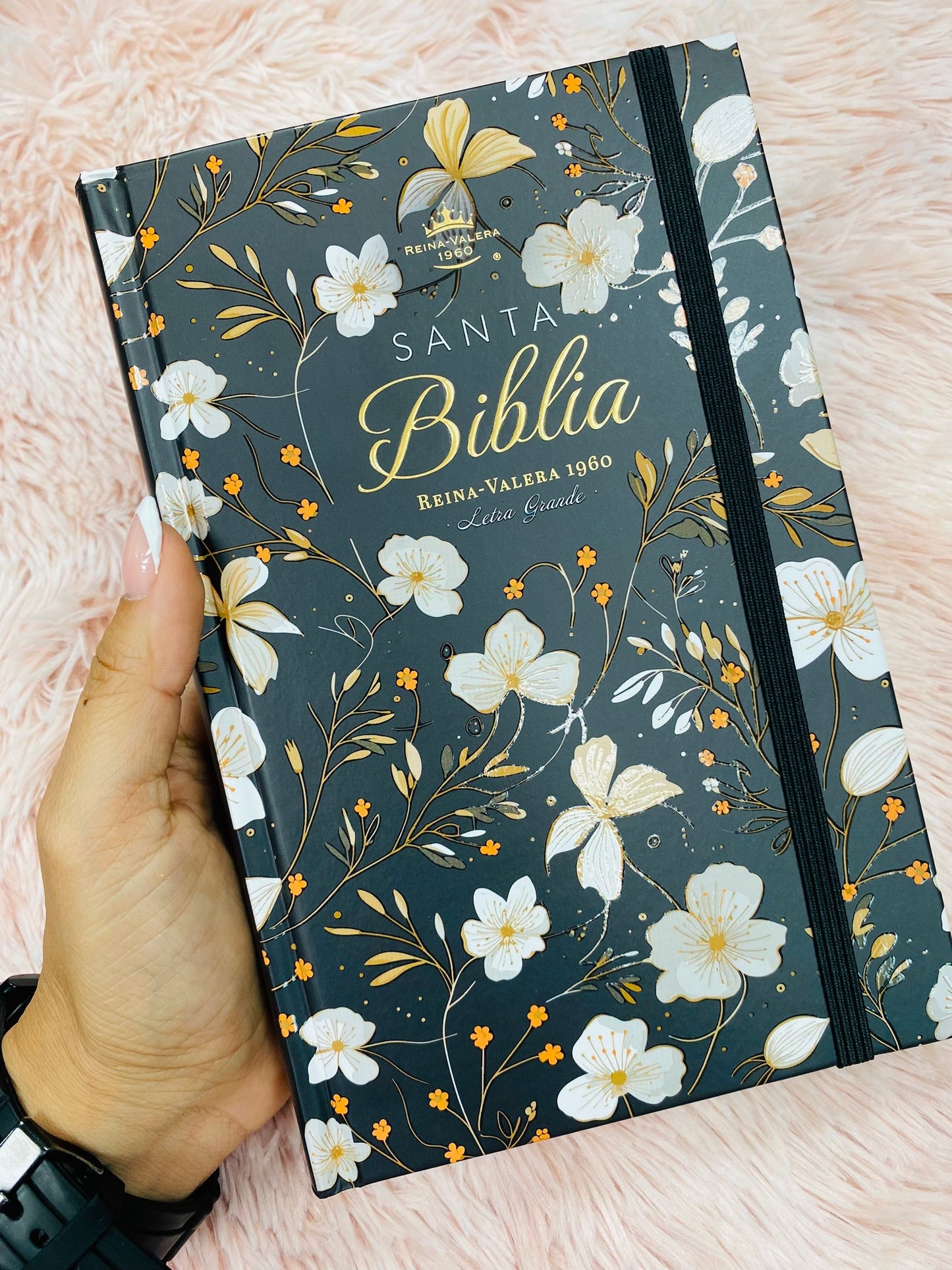 Biblia versión RV1960 de tapa dura diseño en relieve de letra grande 12 puntos con canto pintado, liga, palabras de Jesús en rojo con concordancia