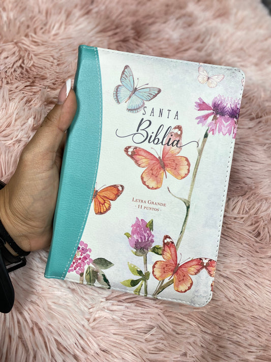 Biblia mediana letra grande 11 puntos con cierre e índice y canto floreado versión RV1960 palabras de Jesús en rojo con concordancia