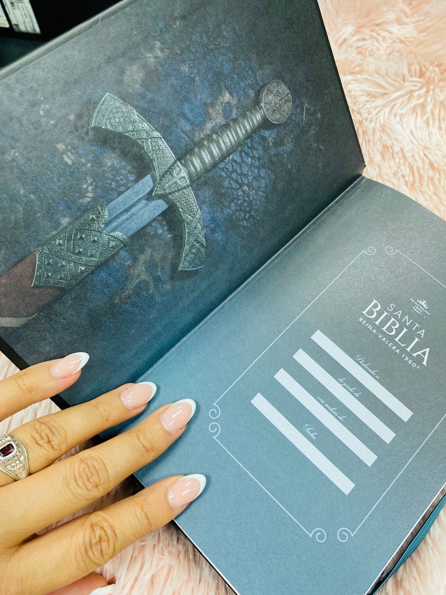 Biblia versión RV1960 de tapa dura diseño en relieve de letra grande 12 puntos con canto pintado, liga, palabras de Jesús en rojo con concordancia