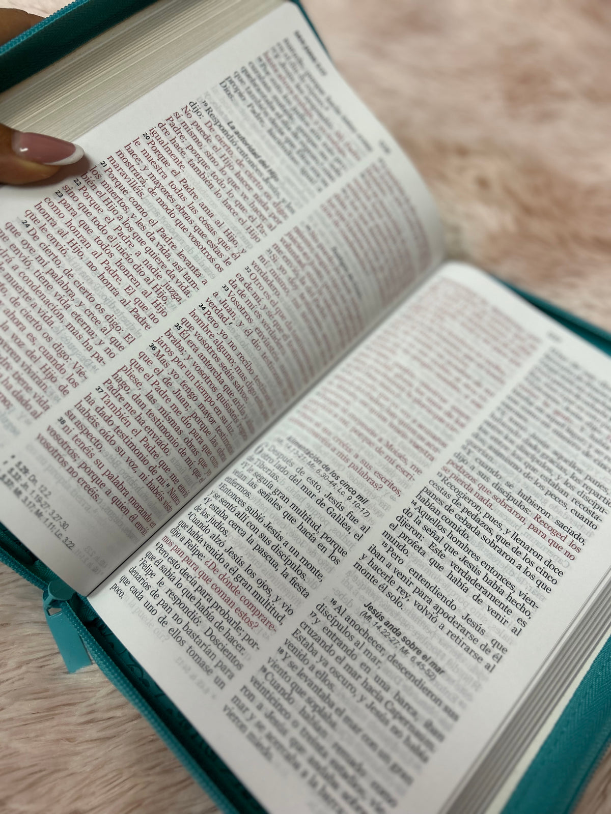 Biblia letra grande de símil piel con relieve blanco y turquesa con cierre y canto pintado versión RV1960