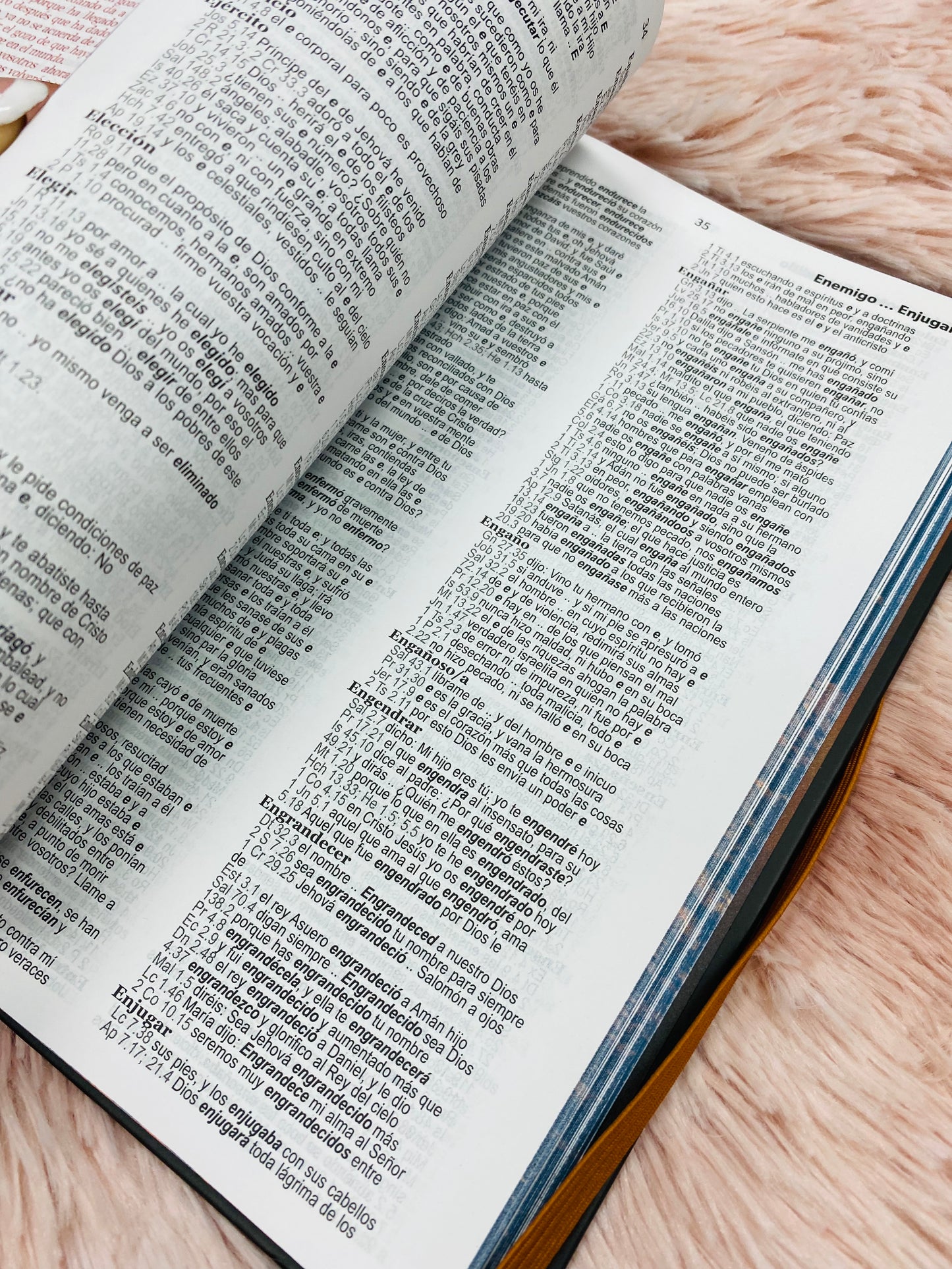 Biblia versión RV1960 de tapa dura diseño en relieve de letra grande 12 puntos con canto pintado, liga, palabras de Jesús en rojo con concordancia