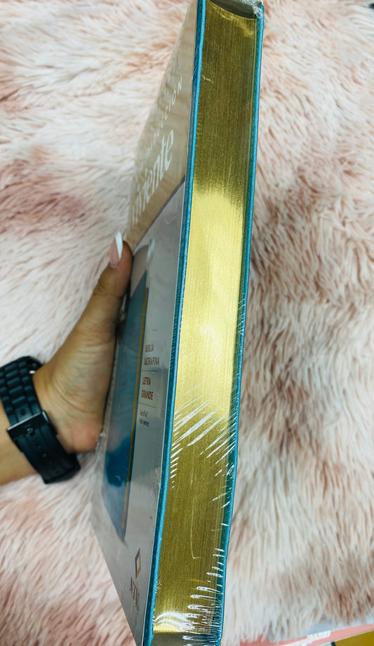 Biblia ultrafina de versión NTV en símil piel letra grande 10,25 de canto dorado con concordancia y palabras de Jesús en rojo