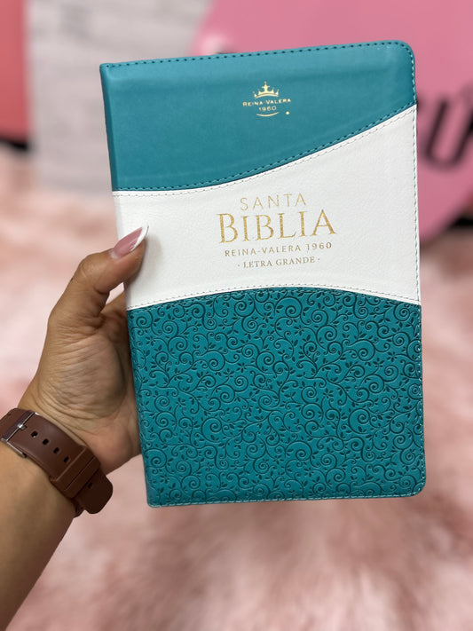Biblia letra grande de símil piel con relieve blanco y turquesa con cierre y canto pintado versión RV1960
