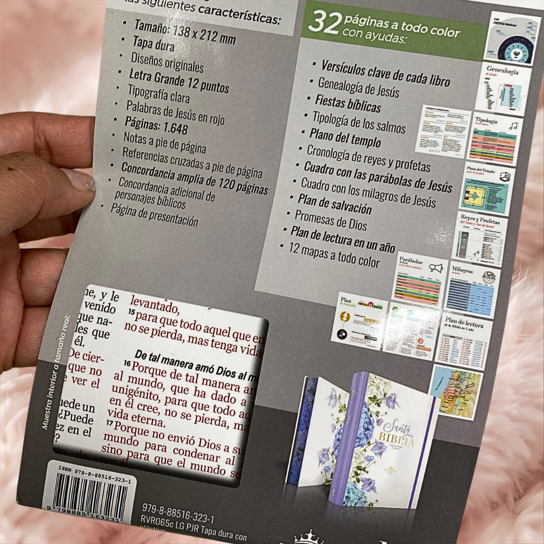 Biblia en tapa dura letra grande 12 puntos de canto floreado versión RV60 con concordancia