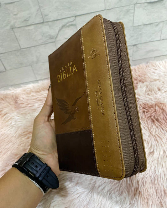 Biblia mediana letra grande 12 puntos versión RV1960 color marrón con cierre e índice canto dorado