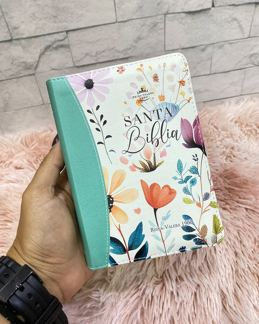 Biblia de bolsillo letra mediana 8 puntos con cierre e índice canto floreado