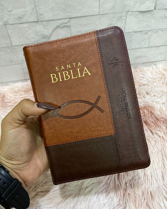 Biblia mediana letra grande 12 puntos versión RV1960 color marrón con cierre e índice canto dorado