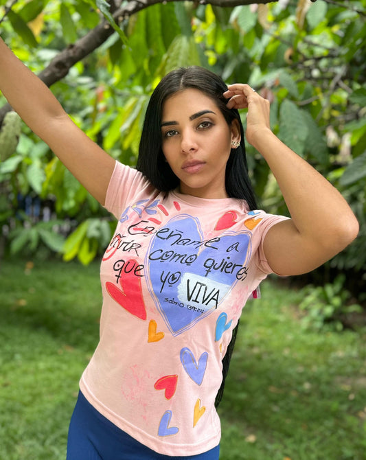 Franela con versículo bíblico 100% algodón pintada a mano con orocolor talla S