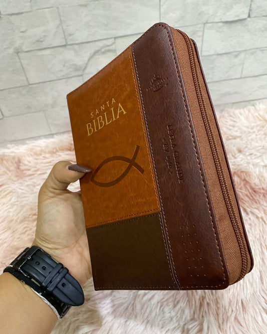 Biblia mediana letra grande 12 puntos versión RV1960 color marrón con cierre e índice canto dorado