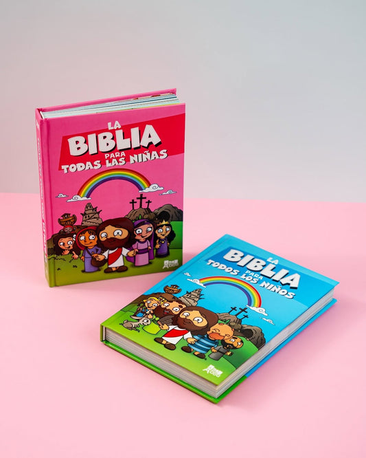 Biblia para todos los niños ilustrada azul y rosada