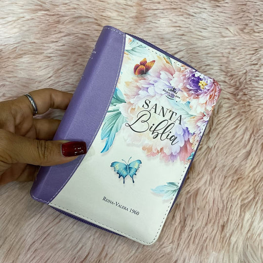 Biblia tamaño bolsillo letra mediana 8 puntos con cierre índice y canto floreado versión RV60 con concordancia