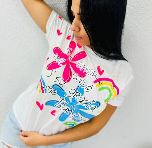 Franela con versículo bíblico 100% algodón pintada a mano con orocolor talla S